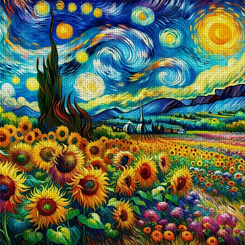 Starry Night Sunflowers Cross Stitch Kit,11CT Pre-Printed Canvas Cotton Thread Art,