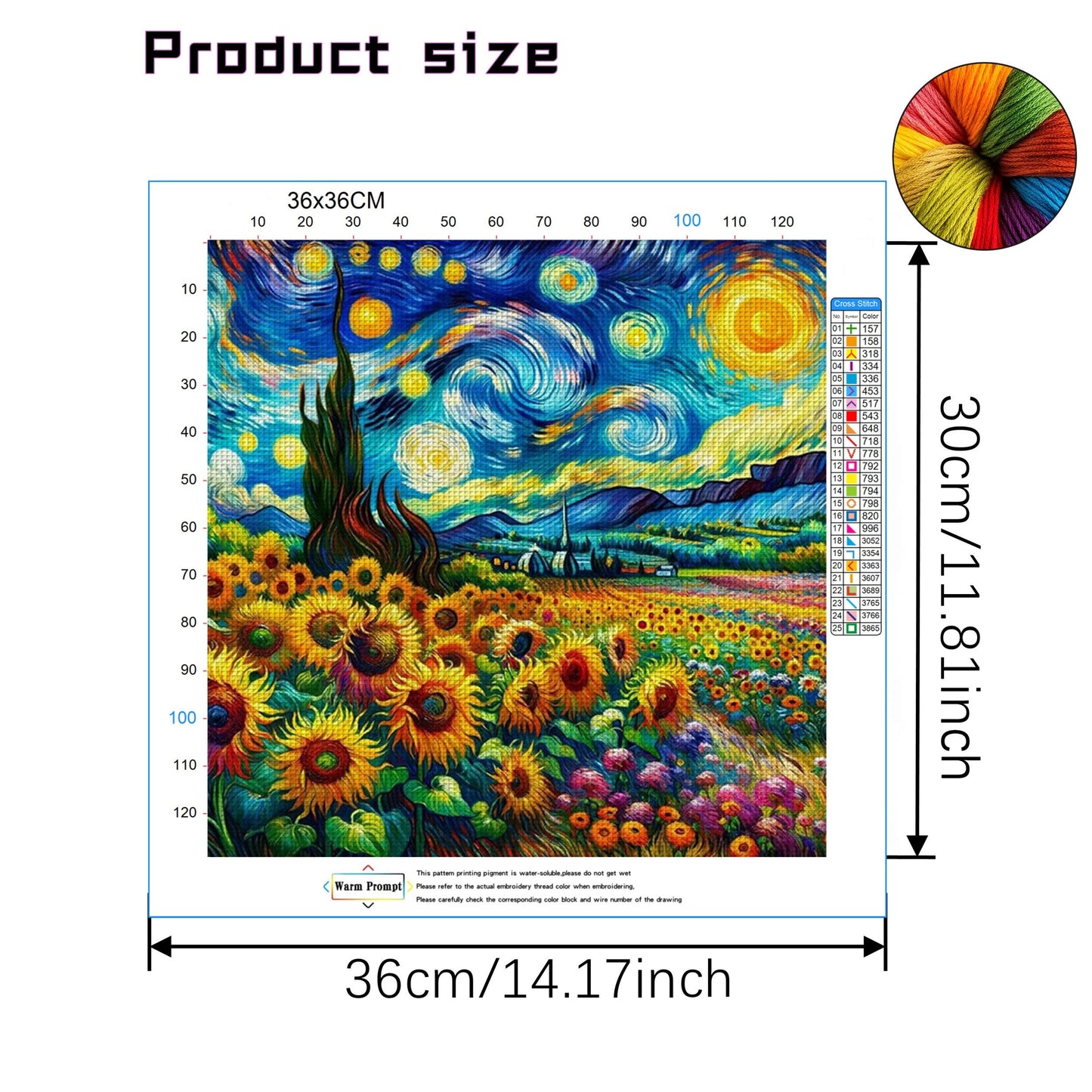 Starry Night Sunflowers Cross Stitch Kit,11CT Pre-Printed Canvas Cotton Thread Art,