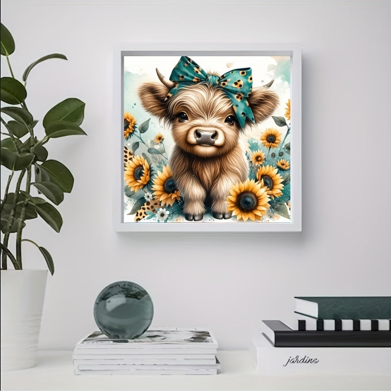 Adorable Highland Cow Diamond Painting Kit with Sunflowers 30x30cm (11.8x11.8in)