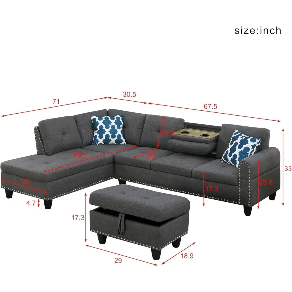 Sofa Set, 98-Inch L-Shaped Couch with Storage, Left Facing Chaise, 2 Cup Holders, 2 Throw Pillows