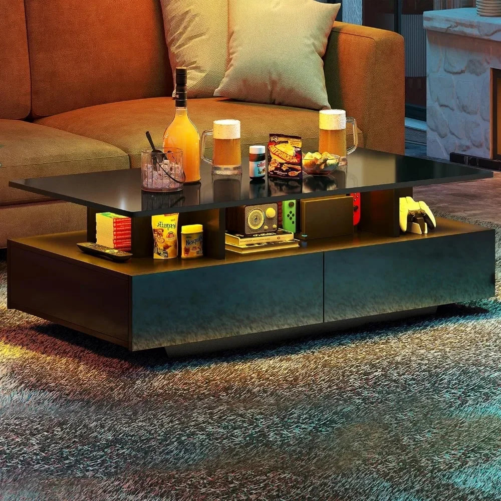 Coffee Table High Glossy  Center Table With Open Display Shelf & Sliding Drawers LED Coffee Tables