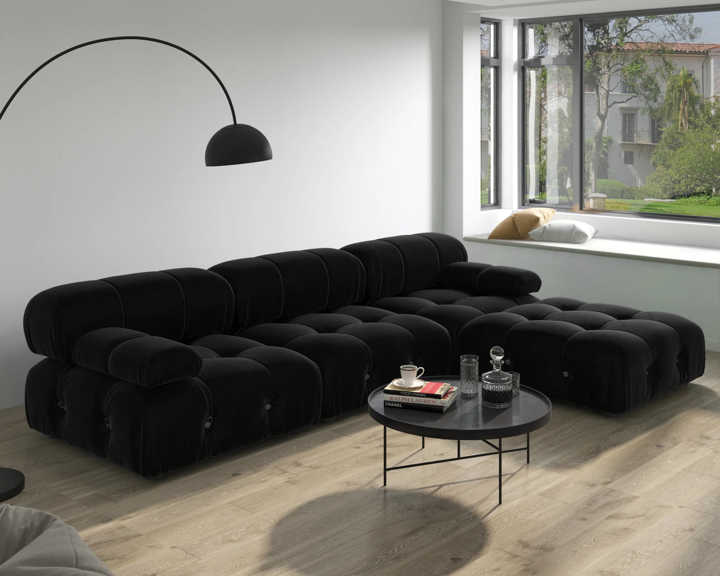 Minimalist Sectional Sofa for Living Room Black Velvet Fabric Modular Couches with Ottomans