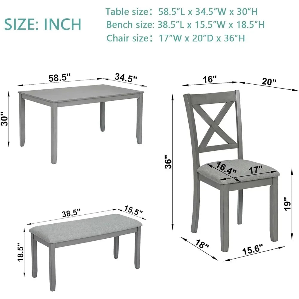 Dining Table Set for 6,Farmhouse Kitchen Table Set with 4 Upholstered Chairs and 1 Bench,Solid Wood