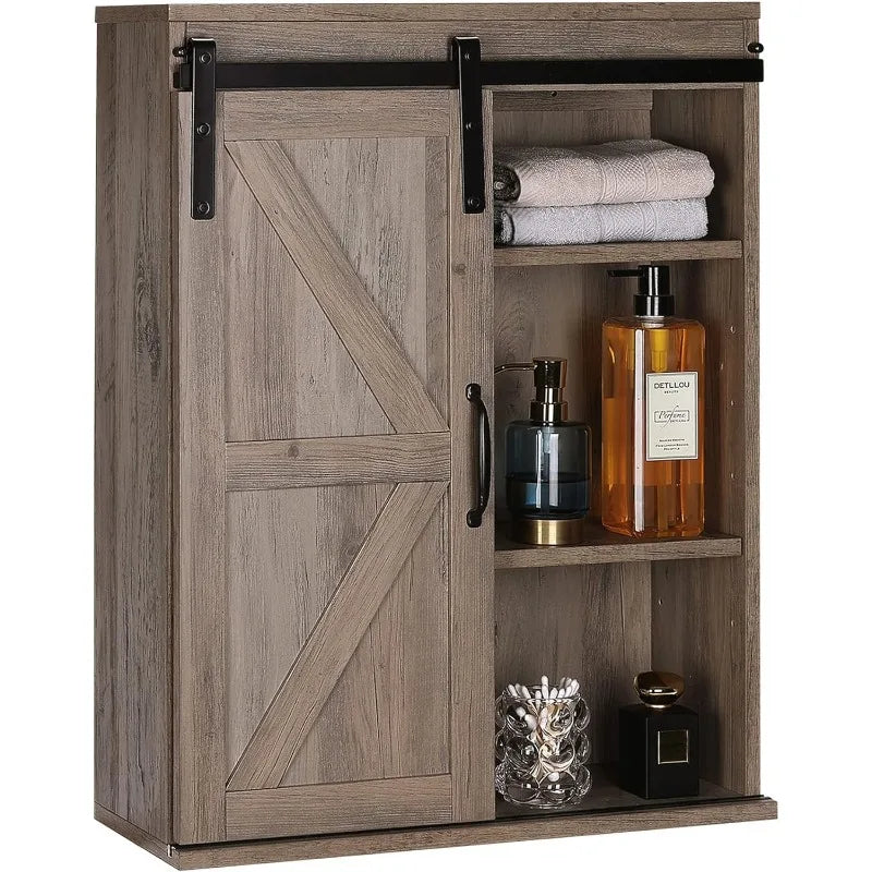 Farmhouse Wood Wall Storage Bathroom Cabinet with Sliding Barn Door and Adjustable Shelf