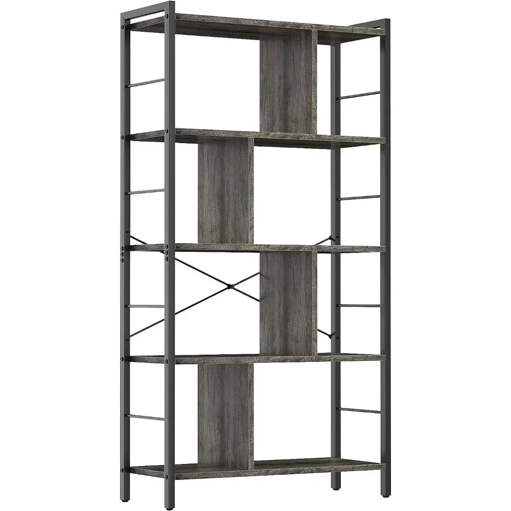 5 Tier Tall Modern Bookcase Wood Metal Frame Standing Book Shelf