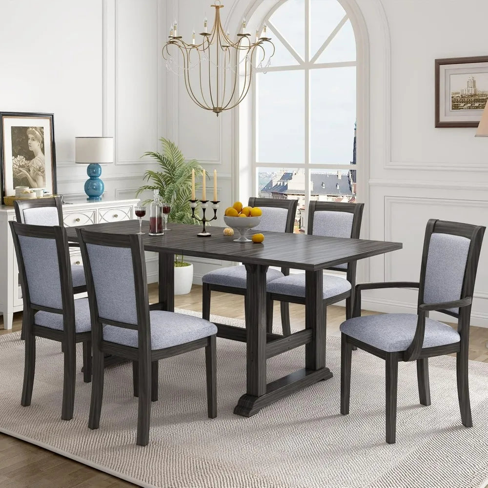 7-Piece Dining Table Set, updated Trestle Table with Removable Leaf