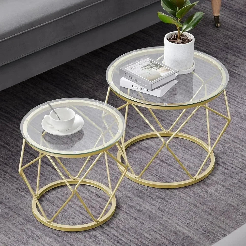 Set of 2  Round End Table , Coffee Table with Metal Frame and Tempered Glass Top