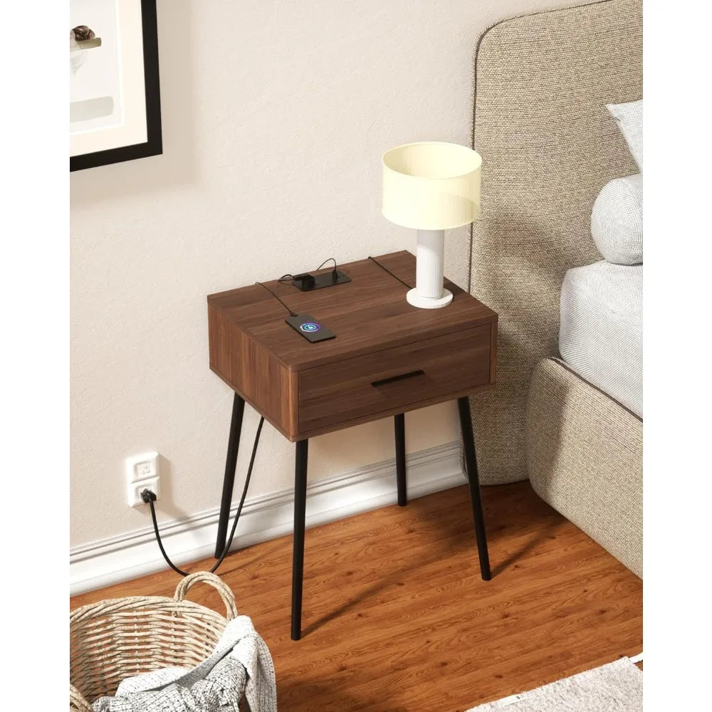 Nightstand with Charging Station, End Table Modern Side Table One Drawer