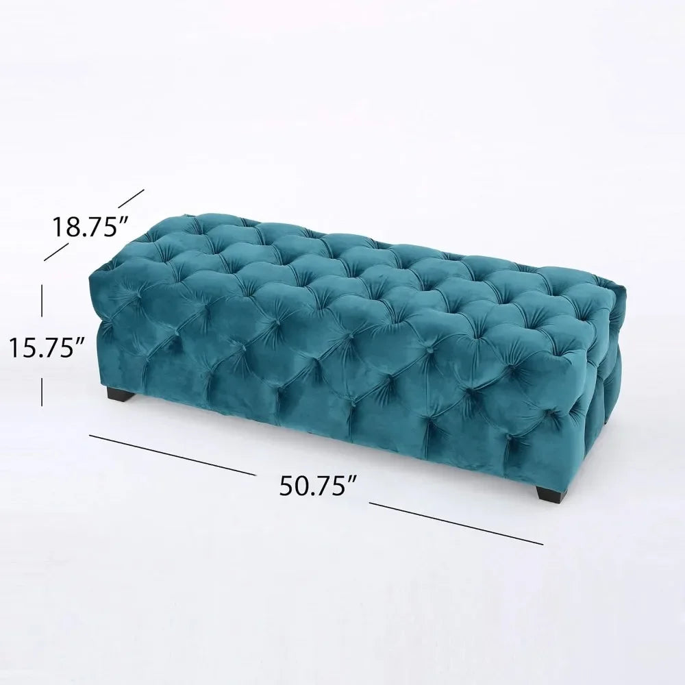 Dark Teal Tufted Velvet Fabric Rectangle Ottoman