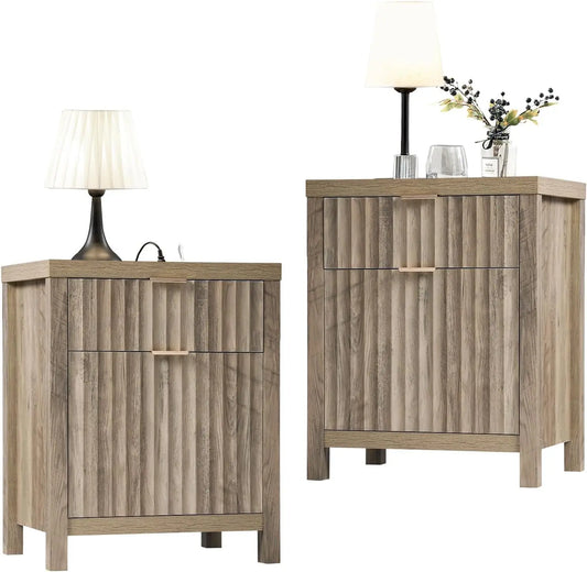 Oxford 2 Drawer Nightstand, End Table with Charging Station, Fluted Panel, Farmhouse Bed Side Table