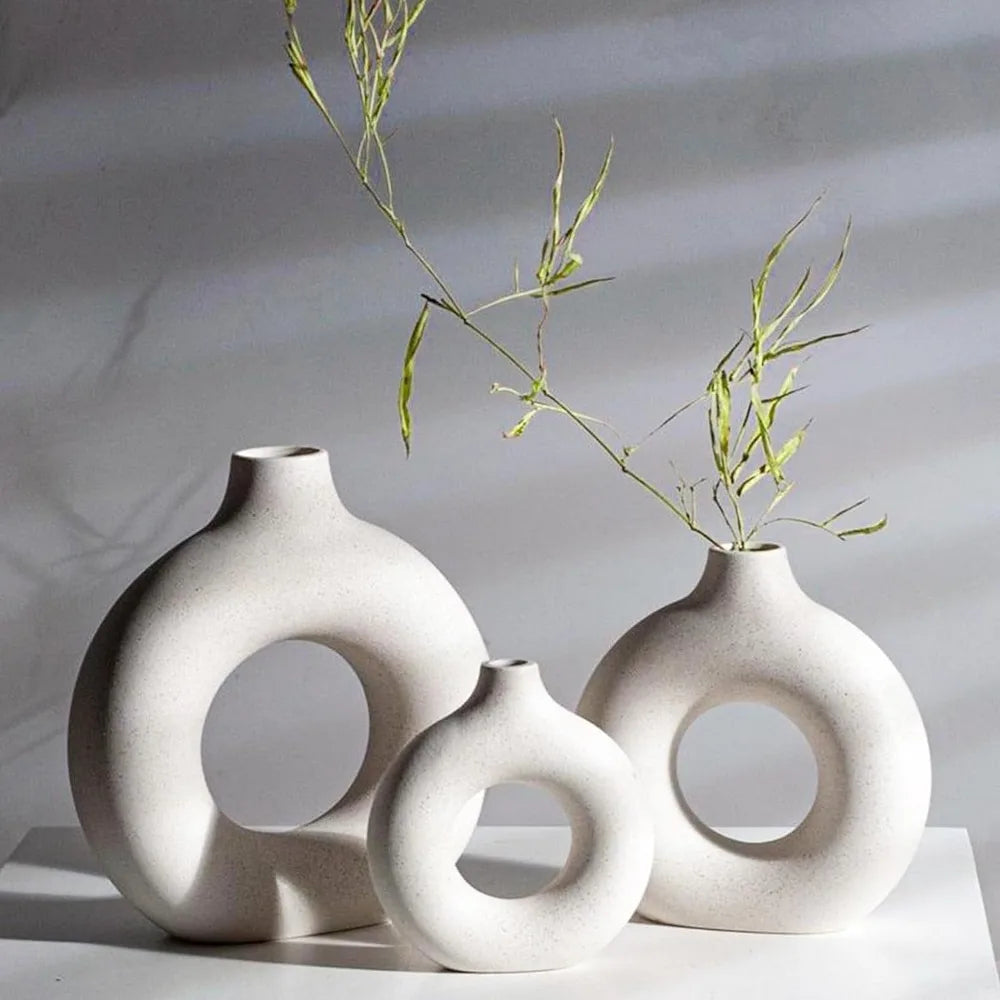 White Ceramic Vase - Modern Vase for Minimalist Decor, (3pcs)