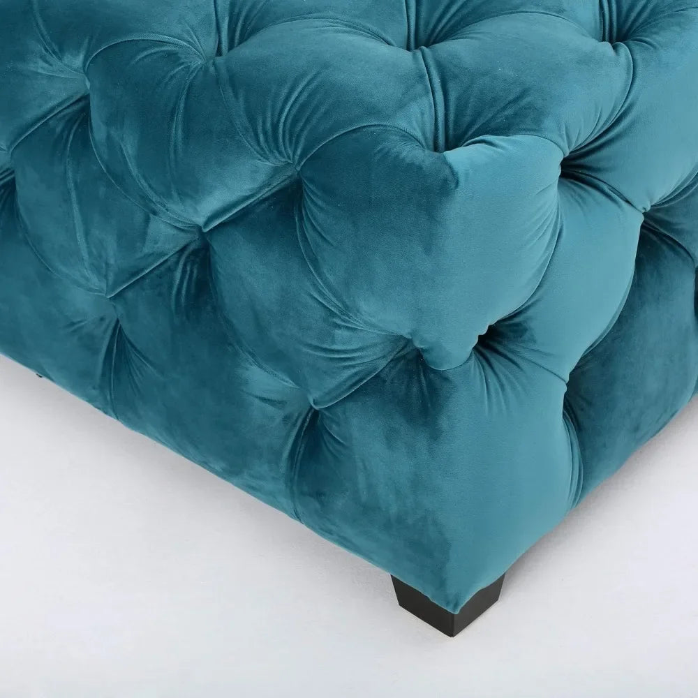 Dark Teal Tufted Velvet Fabric Rectangle Ottoman