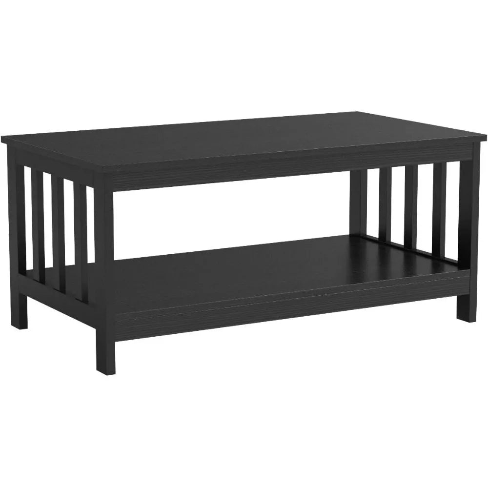 Mission Coffee Table, Black Wood Living Room Table with Shelf, 40 Black