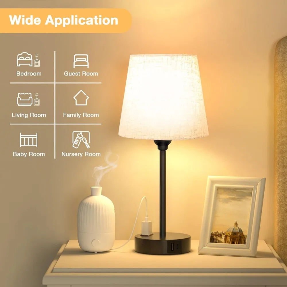 Bedside Table Lamps for Bedrooms Set of 2  with USB C Port and AC Outlet Charging, Dimmable Touch