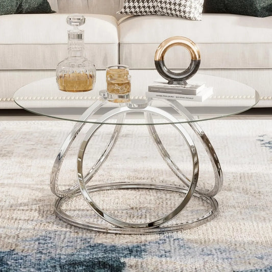 Round Coffee Table with Ring-Shaped Frames, Glass Top