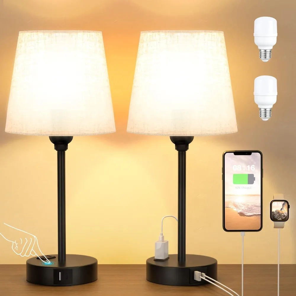 Bedside Table Lamps for Bedrooms Set of 2  with USB C Port and AC Outlet Charging, Dimmable Touch