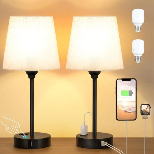 Bedside Table Lamps for Bedrooms Set of 2  with USB C Port and AC Outlet Charging, Dimmable Touch