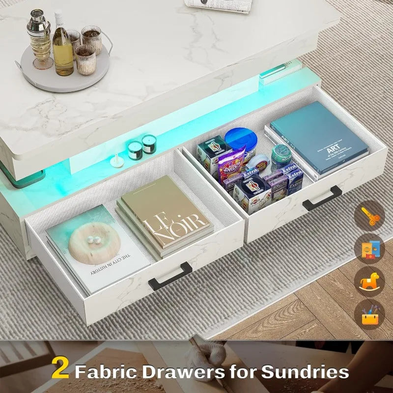 40" Lift Top Coffee Table with 2 Fabric Drawers & LED Light