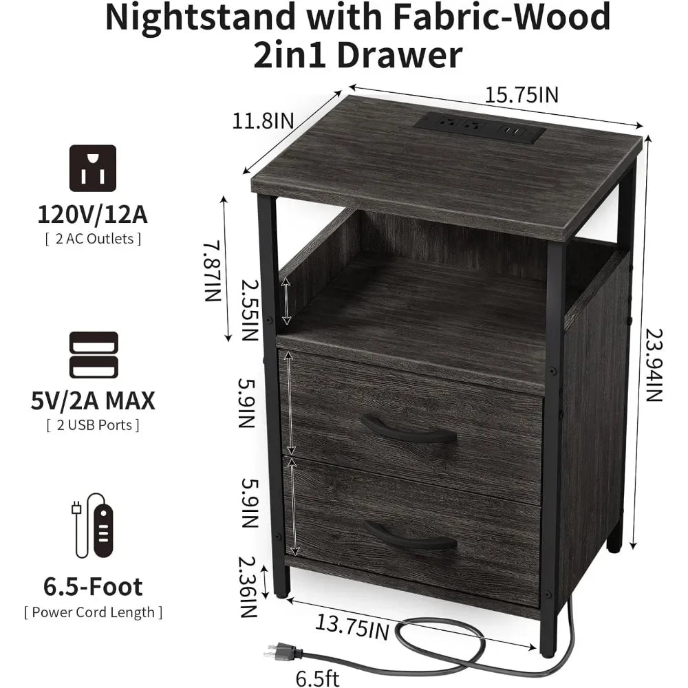 Nightstand with Charging Station,  Fabric-Wood 2-in-1 Drawer, USB Ports