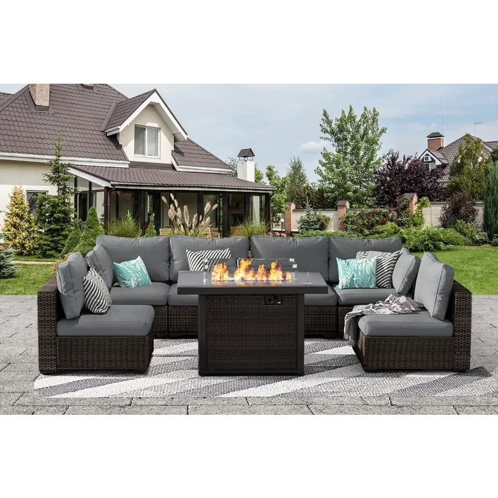 7 Piece Rattan Patio Furniture Set  with Fire Pit Table