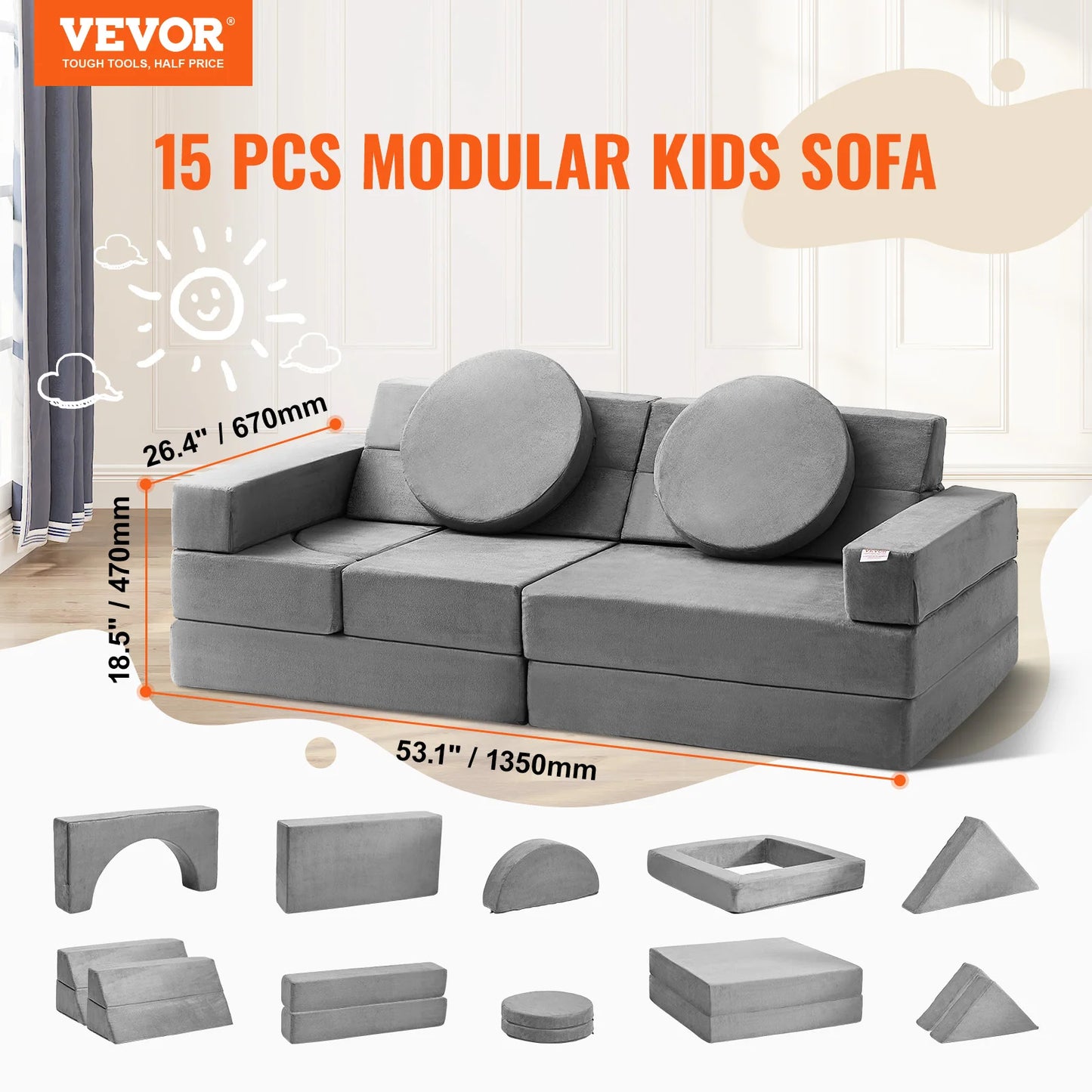 VEVOR Play Couch Kids Sofa Toddler Foam Sofa Couch with High-density 25D Sponge for Playing