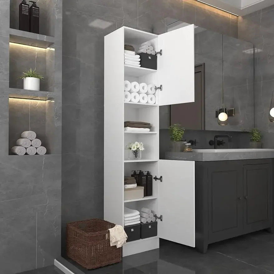 Tall Bathroom Storage Cabinet, Narrow Linen Tower Cabinet with 2 Doors & 6 Tier Shelves