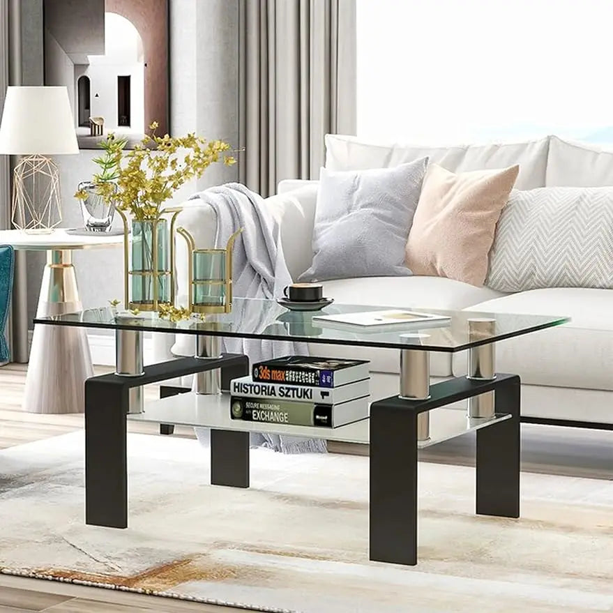 Rectangle Glass Coffee Table 2-Tier Tea Table Modern