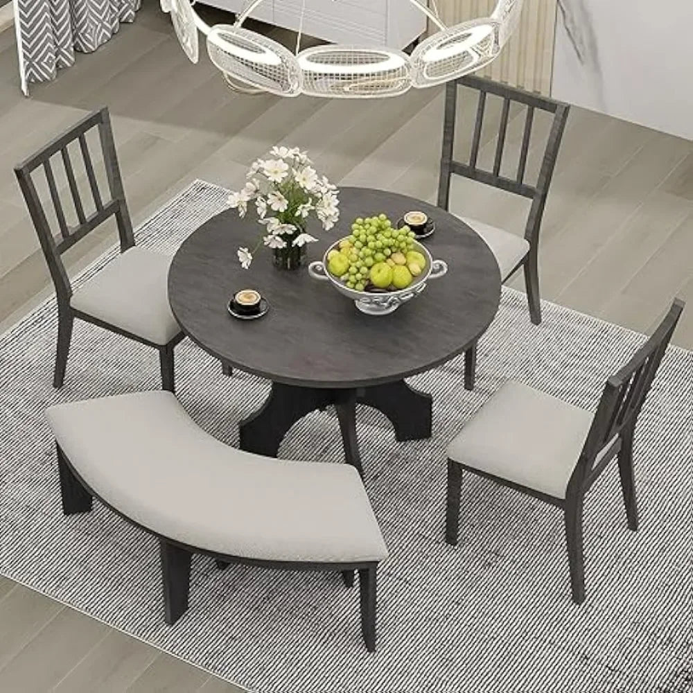 Round Curved Bench & Side 4-5 People,5 Piece, 44" Special-Shaped Legs, 5pc Table Set for Dining Room (Grey)