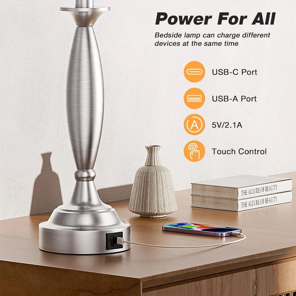 Bedrooms Touch Control Bedside Lamp with USB C+A, 3 Way Dimmable with USB Port, Brushed Nickel