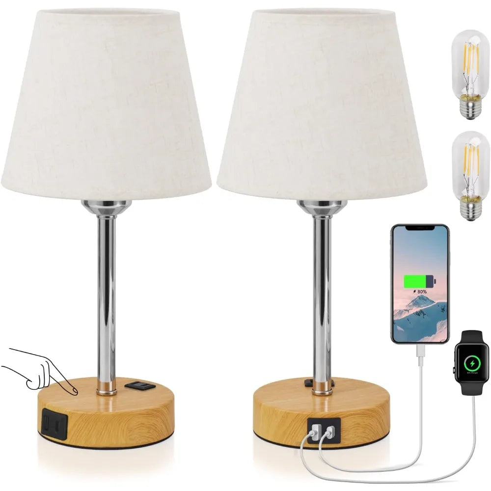 Touch Control Lamp with USB C+A Charging Ports & AC Outlet, Set of 2 -LED Bulbs Included, Dimmable