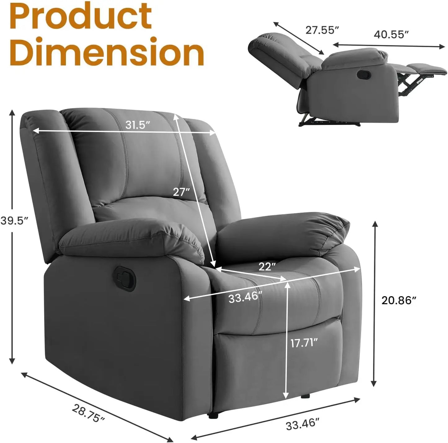 Manual Recliner Chair for Adults, Waterproof Leather Reclining Chairs for Small Spaces