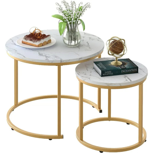 Set of 2 Nesting Coffee Tables,  Golden  Frame Circular and Marble Pattern Wooden Tables