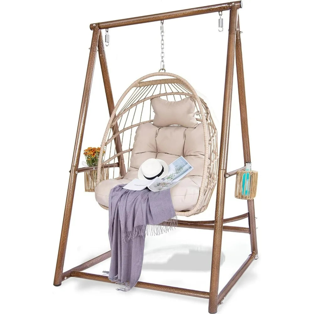 Swing Egg Wicker Chair, Reinforced Solid Structure Hammock Stand with 2 Storage Baskets & 3Hooks