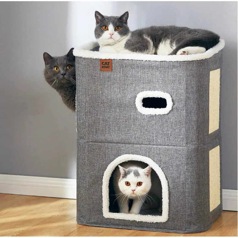 2-Story Cat House for Indoor Cats with Scratch Pad and Hideaway Cave, Cute Modern Cat Condo