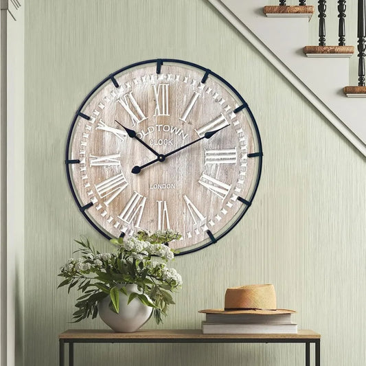 24 Inch Large Farmhouse Wall Clock, Rustic Antique Wood