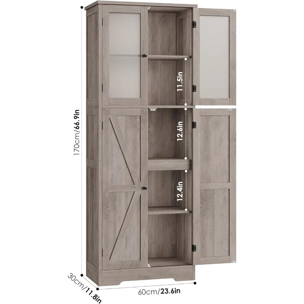 Kitchen Pantry Cabinet, Storage Cabinet with Glass Door and Shelves, 67"