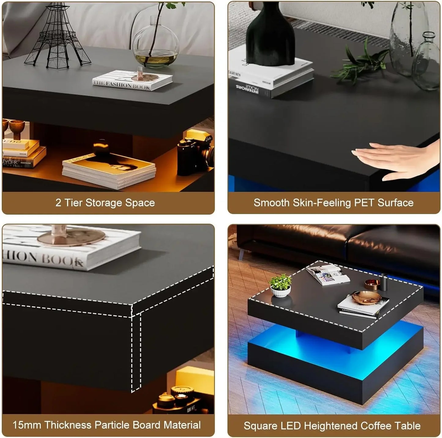 Black LED Coffee Table with Storage 2 Tier Display Shelf 20 Colors Light