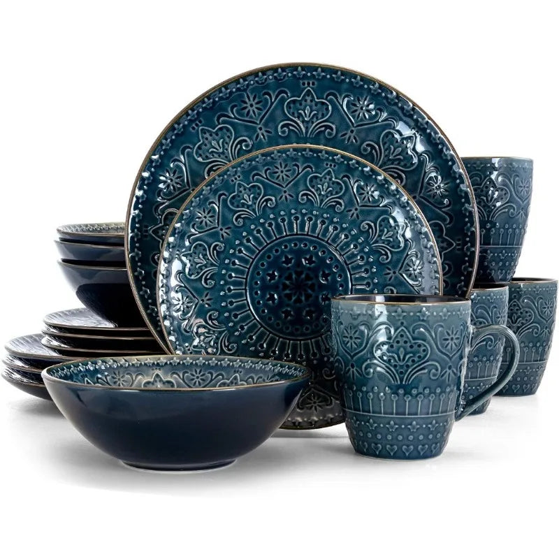 Round Stoneware Embossed Dinnerware Set, 16 Piece, Sea Blue with Brown Trim,Ocean Teal and Green