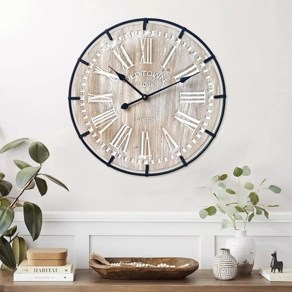 24 Inch Large Farmhouse Wall Clock, Rustic Antique Wood