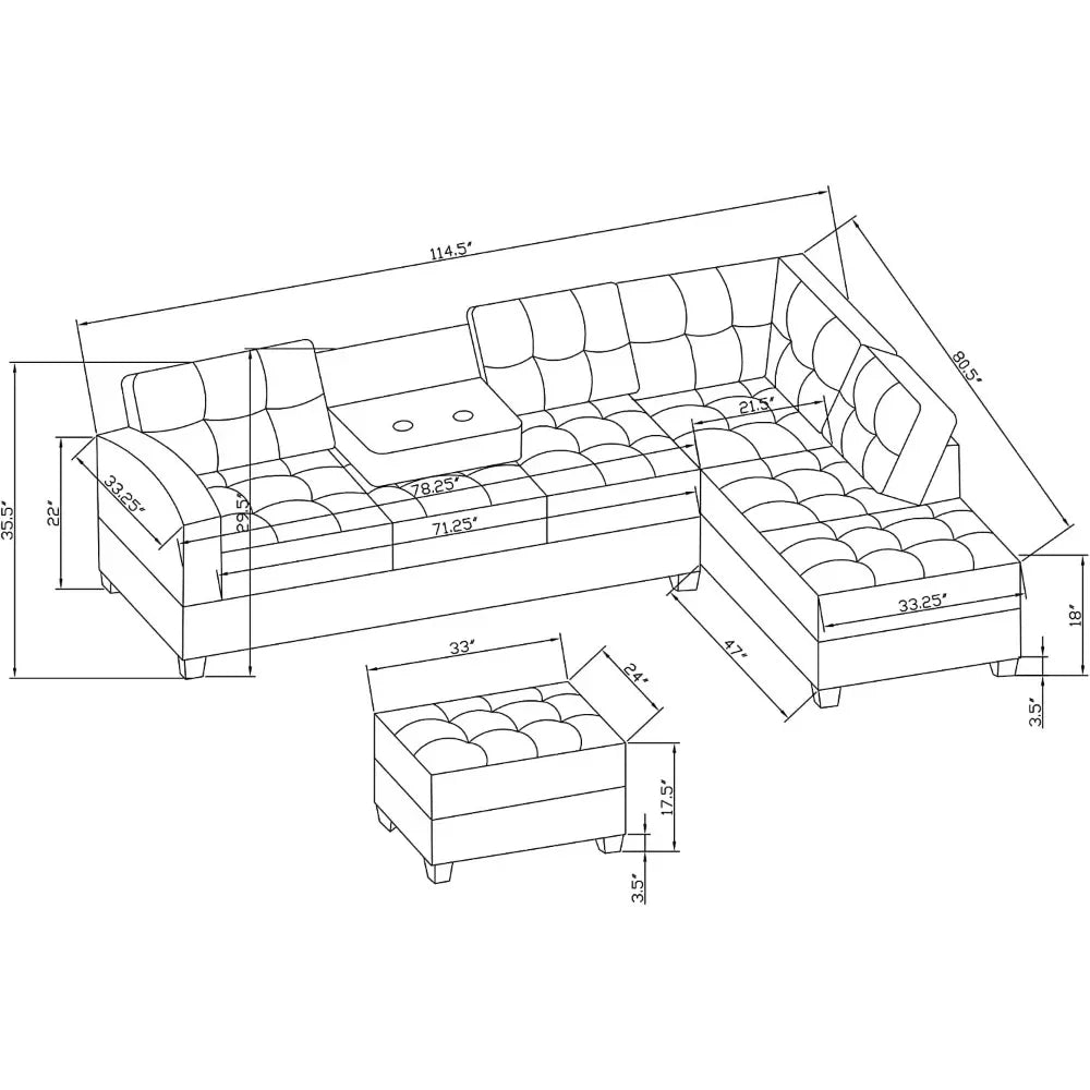 Living Room Sofa Set , L Shape Modular Storage Ottoman & Chaise, Cup Holder