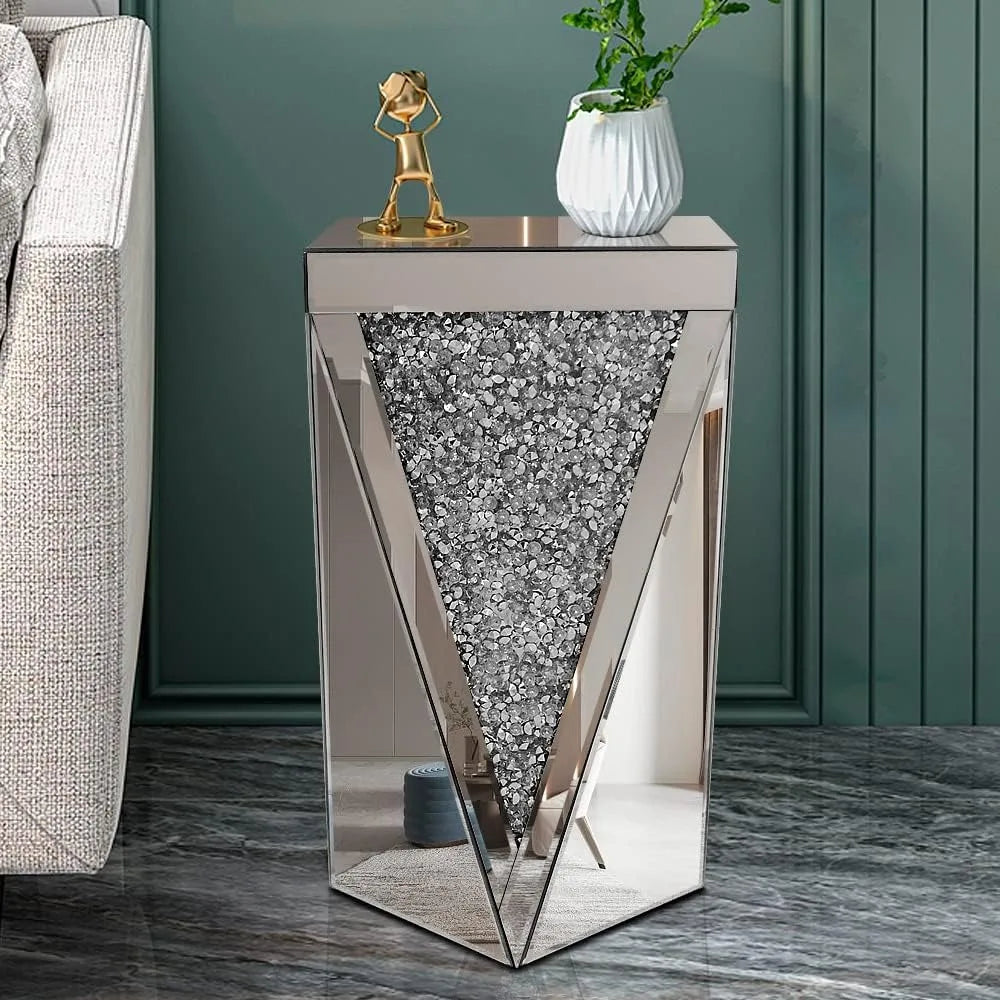 Silver Mirrored End Table, Crystal Inlay Side Table Accent Table, Small Mirrored Coffee Table