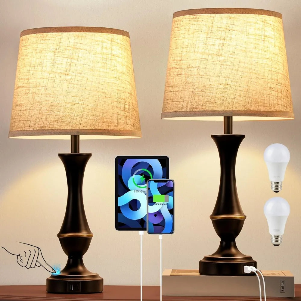 Upgraded Touch Lamps for Bedrooms Set of 2 with USB C+A, 3 Way Dimmable Bedside Lamps