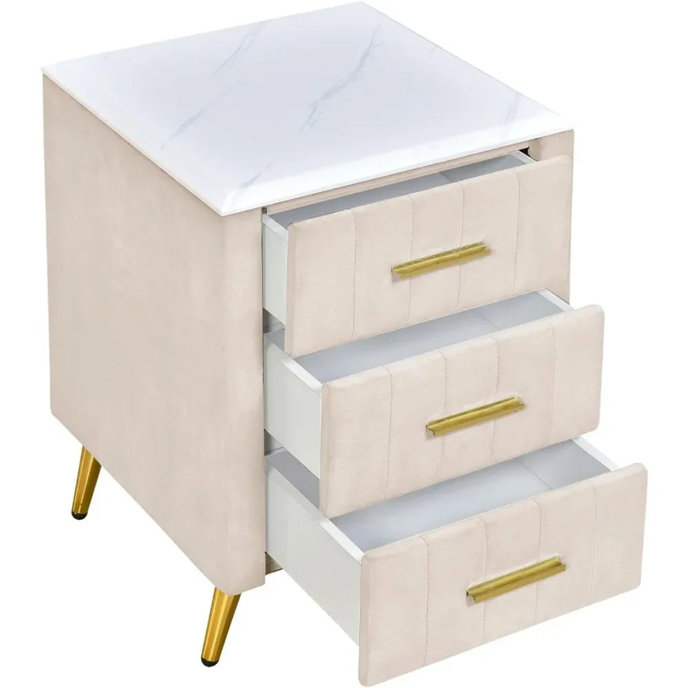 Nightstand with Drawers Set, Upholstered Wood Bedside End Table with Marbling Top, Nightstand