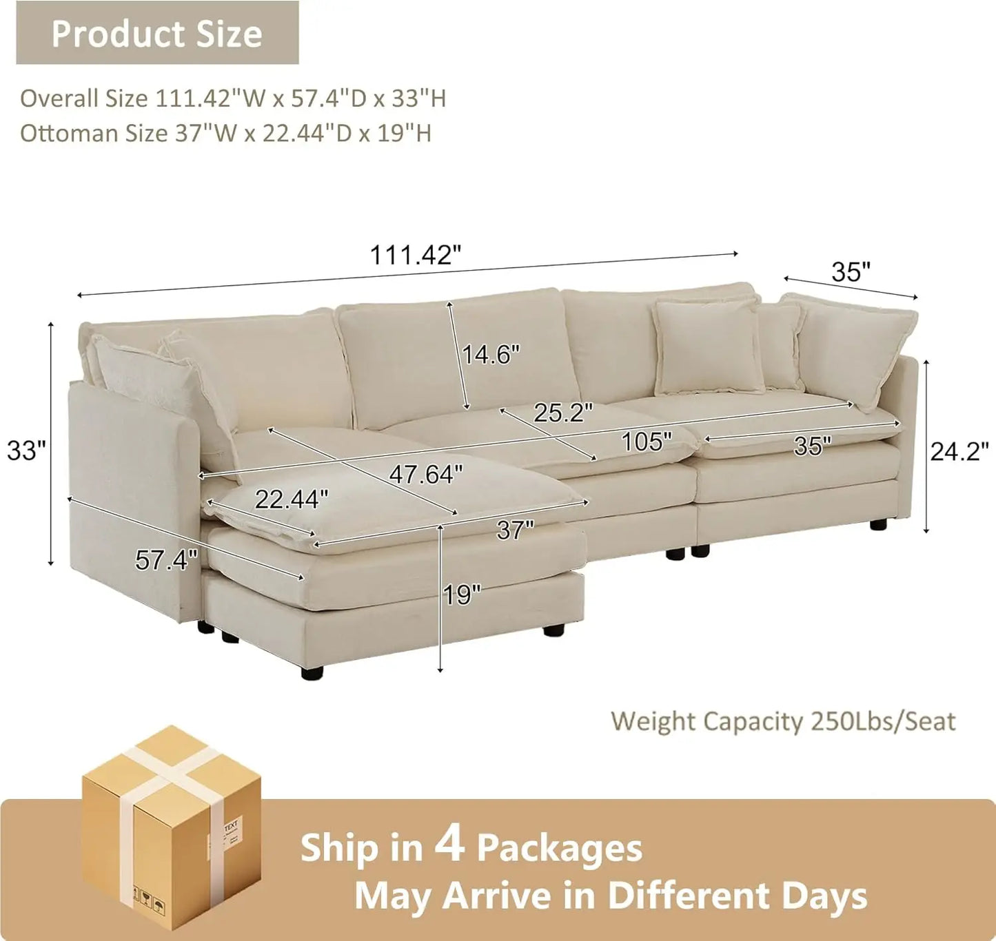 Modular Sectional Sofa, Convertible Modern L Shaped Sofa Chenille Cloud Couches Set with Ottoman