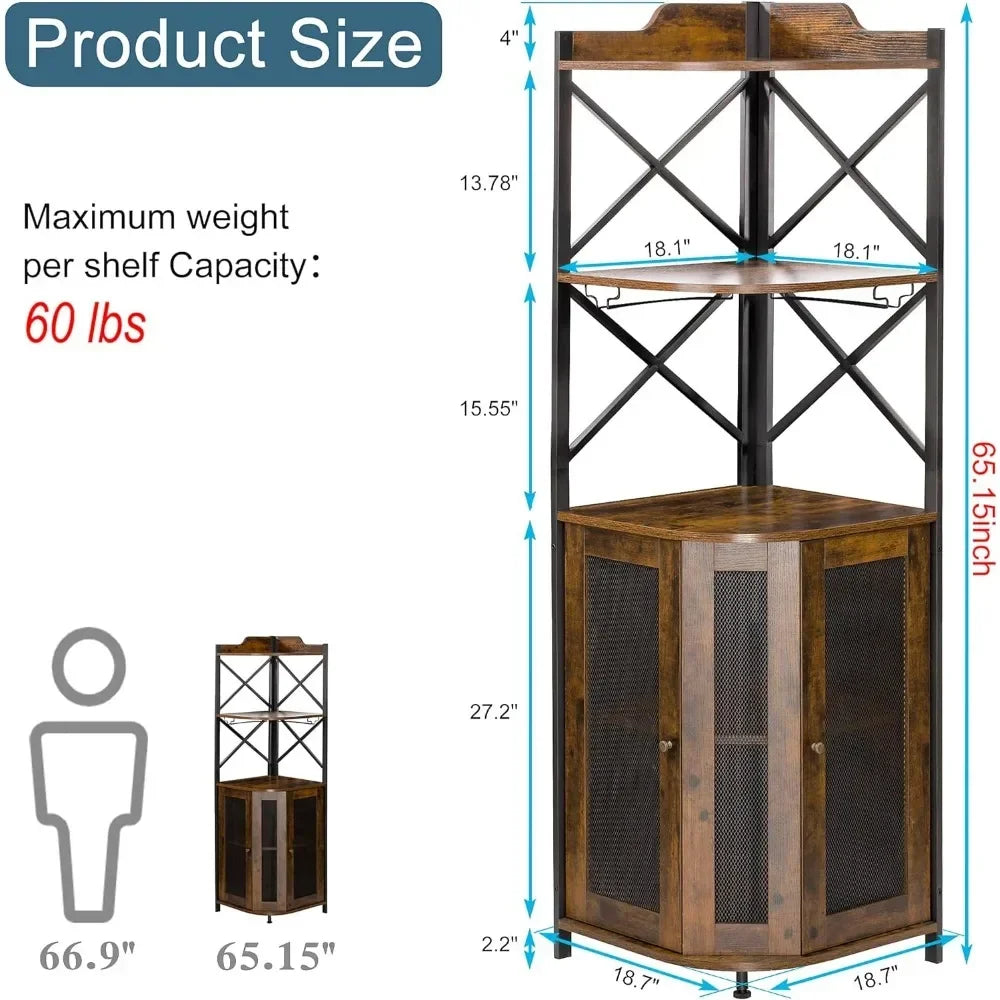 Corner Bar Cabinet with LED Lights, 5-layer Wine Cabinet with Glass Brackets, adjustable Shelves
