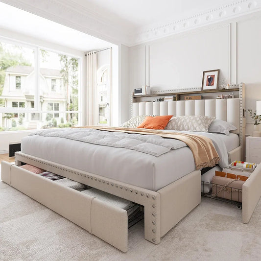 Queen Bed Frame, Upholstered Platform Bed Frame Queen Size with 3 Storage Drawers