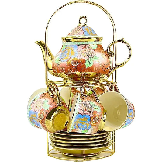 20 Pieces Porcelain Tea Set With Metal Holder, European Ceramic tea set for adults