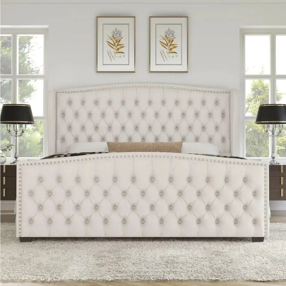 King Bed Frame, Velvet Upholstered Trim Wingback Headboard/No Box Spring Needed