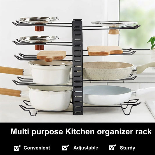 8 Tiers Pan/Pot Organizer Rack  Iron Wire Bilateral Pot Adjustable Pots Lids Storage Rack