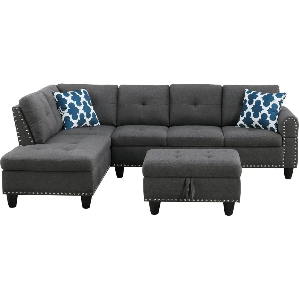 Sofa Set, 98-Inch L-Shaped Couch with Storage, Left Facing Chaise, 2 Cup Holders, 2 Throw Pillows